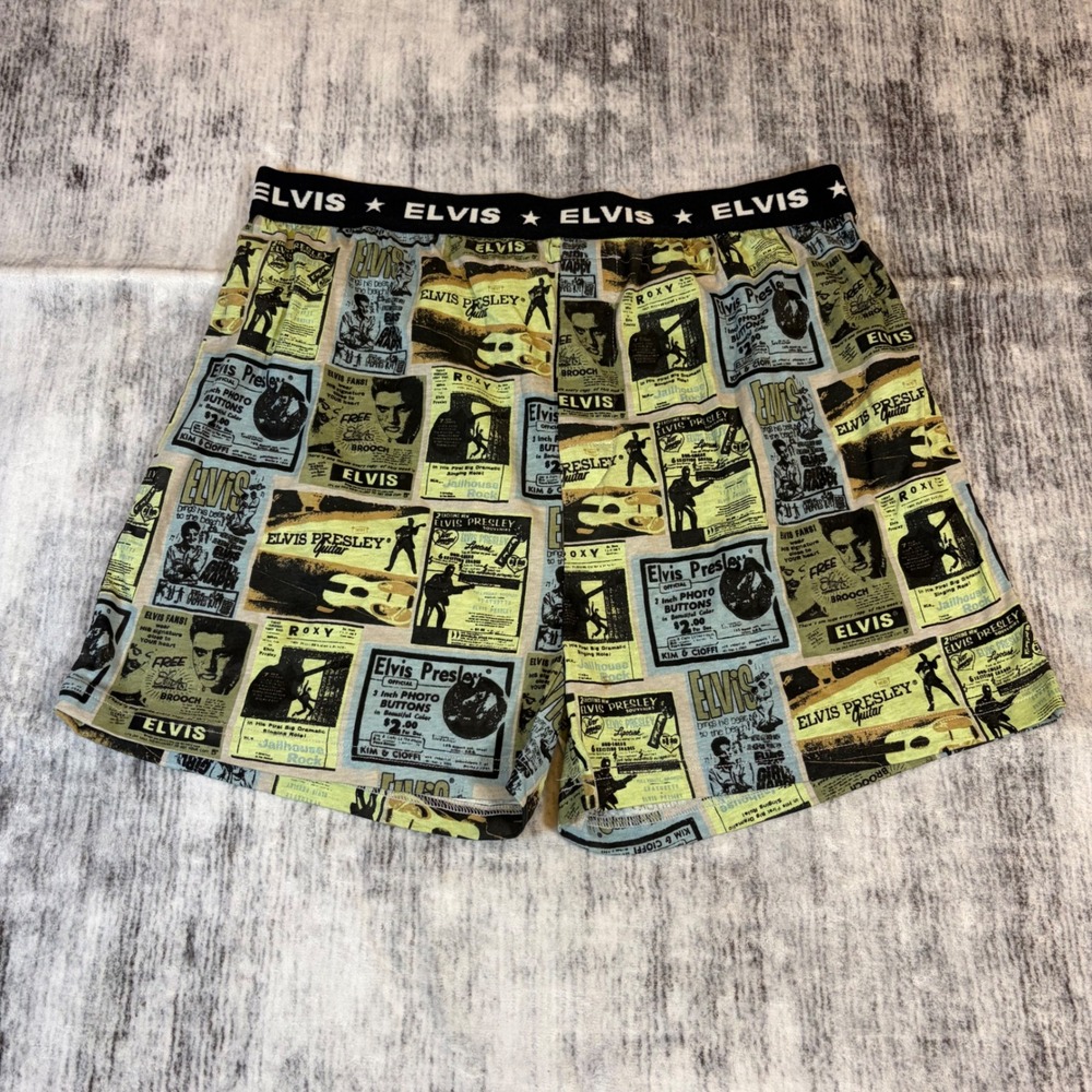 Elvis Presley Mens Vintage Newspaper Print Cotton Boxer Shorts Large Black Green